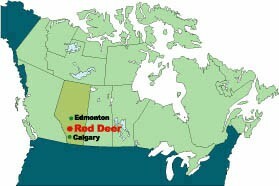 map of canada with red deer pinned